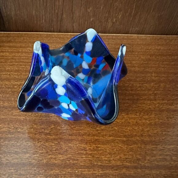 Handcrafted Blue Glass Candle Holder handkerchief style - Picture 2 of 5